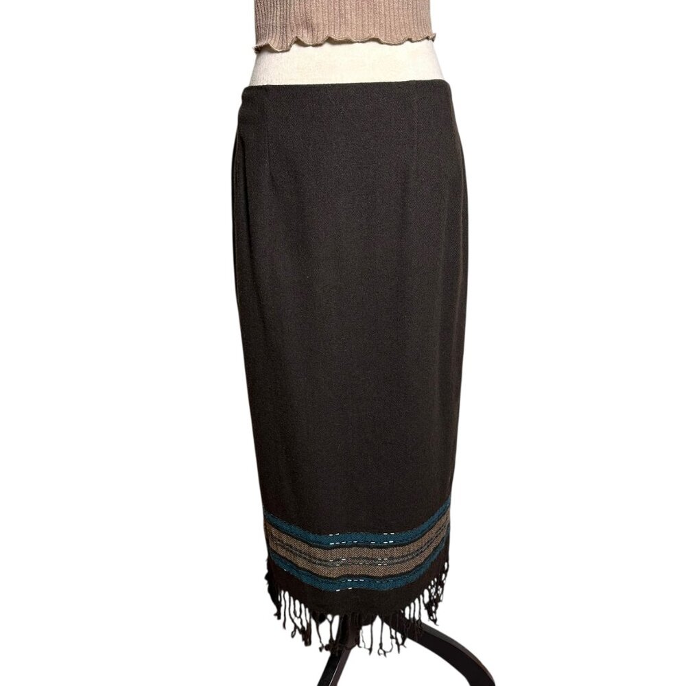 Vintage Boho Western Fringe Lined Brown Knit Midi Skirt M |‎ Southwestern Folk